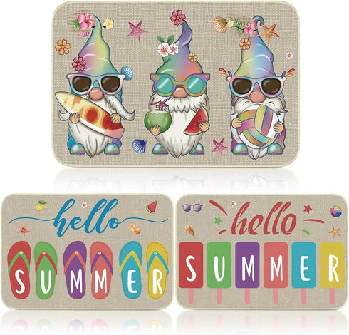 Zhanmai 3 Pcs Hello Summer Door Mat - 23 x 15 Inch, Gnome Decorative Doormat, Non-Slip, Rubber Outdoor Rugs for Summer
