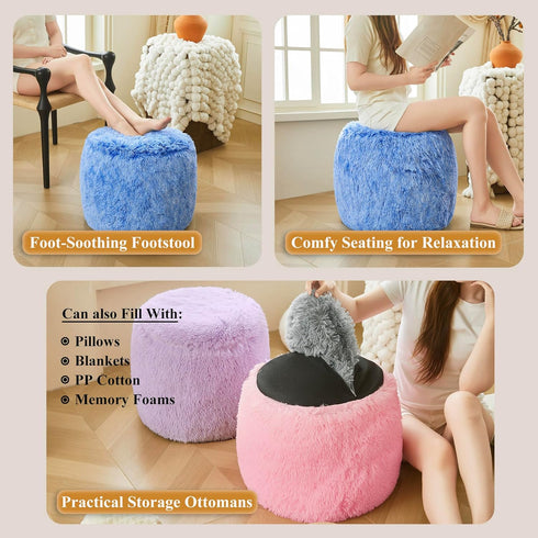 XeGe Fluffy Faux Fur Inflatable Pouf Ottoman, Soft Shaggy Fuzzy Foot Stool, Plush Furry Foot Rest Floor Pouf Anti-Slip