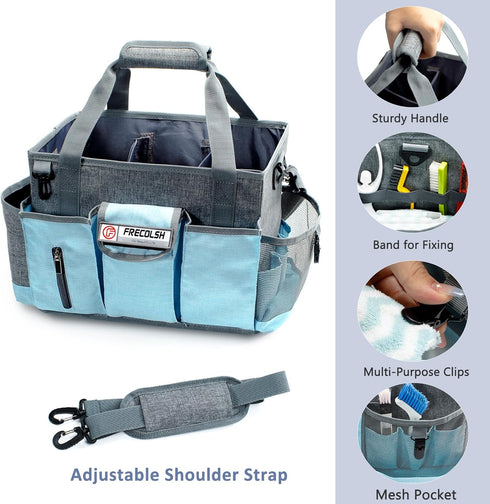 Grey-Blue Cleaning Caddy - Oxford Polyester, Adjustable 5 Compartments, Padded Carry Handle, Waterproof Interior for