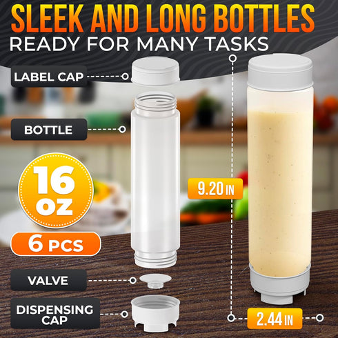 Set 6 16 oz of Inverted Condiment Squeeze Bottles Upgraded Design with Added Sealing Gaskets, Self-Closing Valve