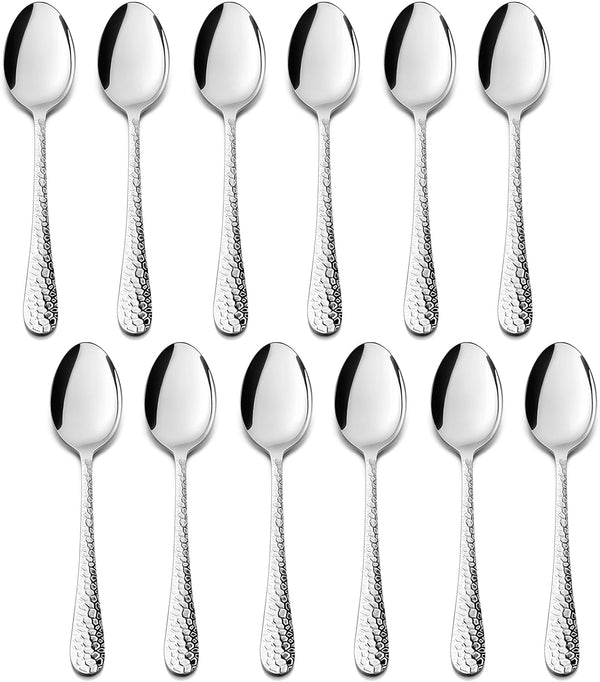 E-far 12-Piece Stainless Steel Coffee Spoons - 6-Inch Espresso Spoons with Hammered Design, Dishwasher Safe