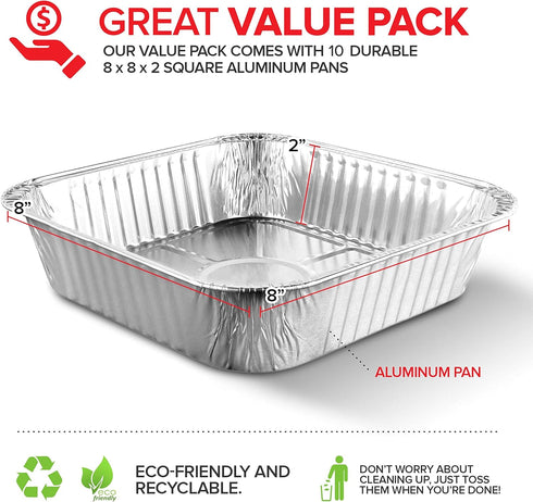 8x8 Foil Pans (10 Pack) 8 Inch Square Aluminum Pans - Foil Pans - Disposable Food Containers Great for Baking Cake, Cooking, Heating, Storing, Prepping Food by Stock Your Home