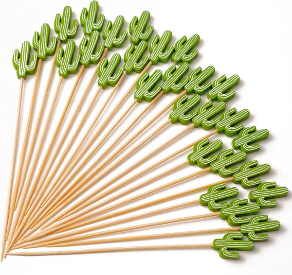 PuTwo - 100pcs Handmade Bamboo Cocktail Picks 4.7” in Green Cacti