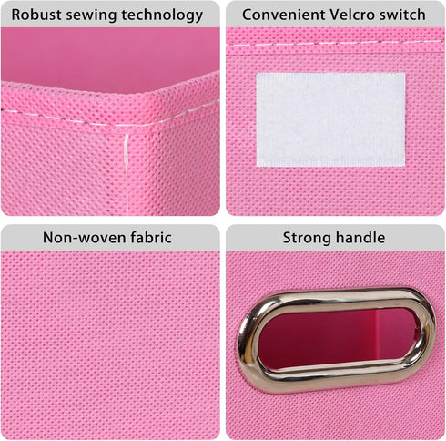 Linen Fabric Foldable Storage Cube Bin Organizer, 3Pcs Fabric Bins with Lid and Leather Handles for Home, Closet, Pink