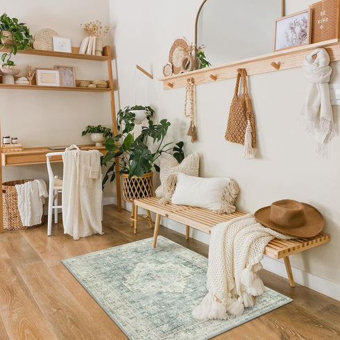 LIVEBOX Washable Rug 2x3 - Indoor Entryway Boho Low-Pile Small Rug, Non-Slip Indoor Outdoor Rugs, Sage Green