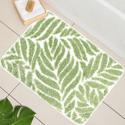 Sage Green Leaf Bathroom Rugs - Non-Slip Machine Washable Bath Mats for Sink, Bathtub, Shower 20" x 32"