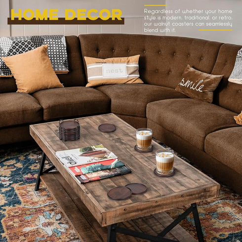 Set 8 4 Inch Wood Coasters with Metal Holder, GOH DODD of Walnut Wooden Coaster Tabletop Protection for Drinks Coffee