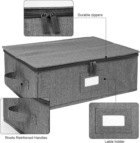 Platter Storage Case, Hard Shell China Storage Containers 17" x 13" x 6", Includes 5 Felt Dividers, Stackable, Linen