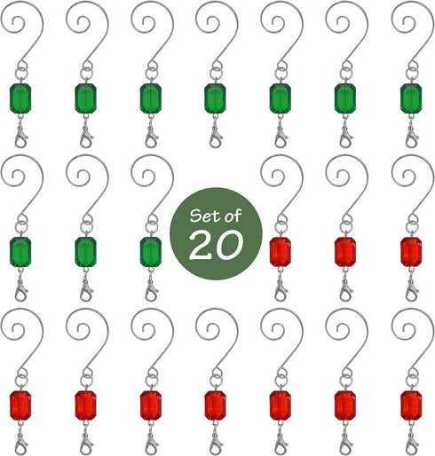 Christmas Ornament Hooks Set of 20, Red and Green Acrylic Jewels, Silver Wire Hangers, Decorative Scroll S-Hook
