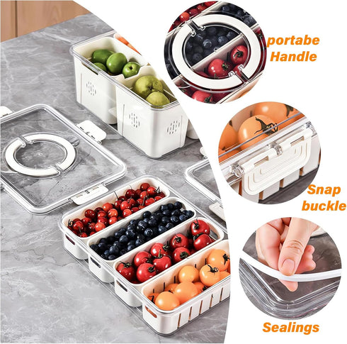 Portable Fruit Storage Containers for Fridge, 4 Compartments Snack Box Container, BPA-Free Divided Serving Tray with