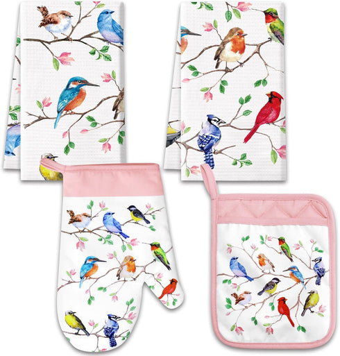 Vansolinne Birds Kitchen Dish Towels, Pot Holder, Oven Mitt with Loop Kit, Spring Gifts for Bird Lovers, BBQ Grilling,