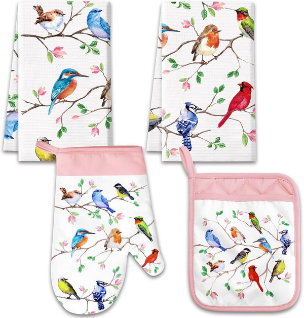 Vansolinne Birds Kitchen Dish Towels, Pot Holder, Oven Mitt with Loop Kit, Spring Gifts for Bird Lovers, BBQ Grilling,