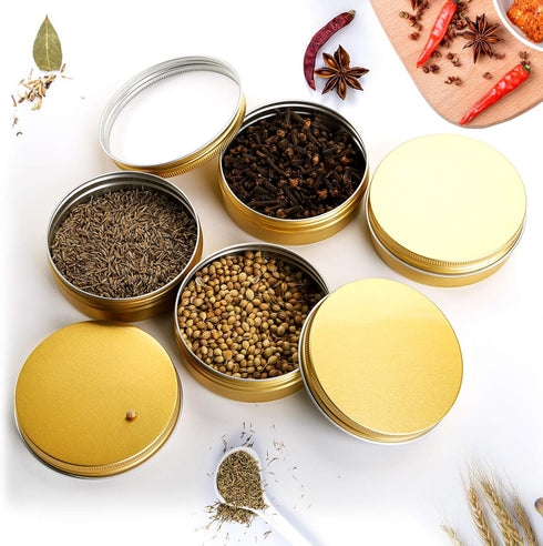 Foraineam 24 Pieces 4 oz Aluminum Round Tins, Golden Metal Storage Jars, Empty Spice Containers, Travel Tin Cans