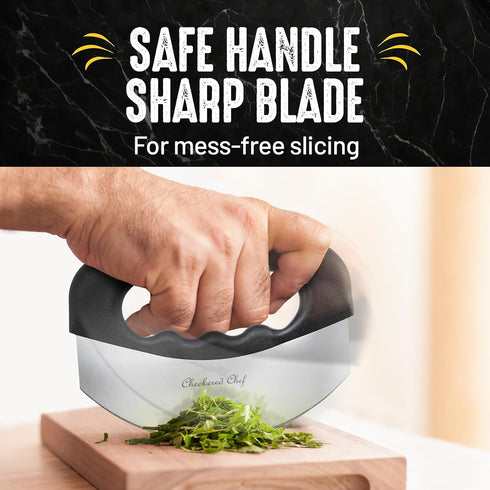 Checkered Chef Salad Chopper Tool with Cover - Mezzaluna Knife Stainless Steel Vegetable Rocker