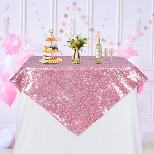 PartyDelight Sequin Tablecloth Fuchsia Pink Sparkly Table Cloth Overlay Square 50"x50"