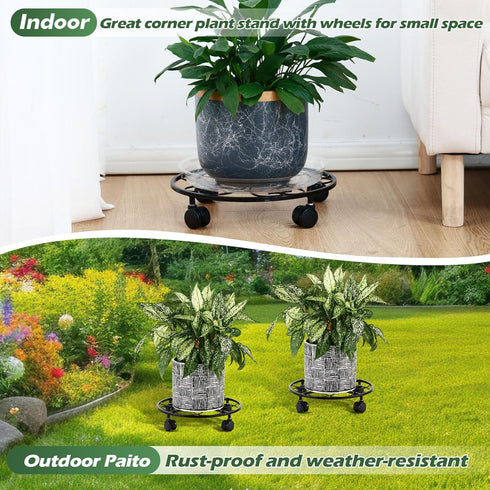 DEELF OUTLET 3 Packs 13 inches Large Metal Plant Caddy with Wheels Round Planter Dolly Pot Mover Rollers Wrought Iron