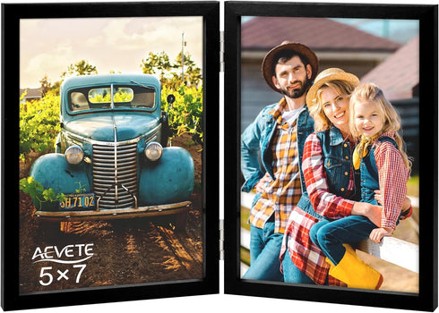AEVETE 5x7 Double Hinged Wood Folding Picture Frames, Vertical with Plexiglass Front, Black