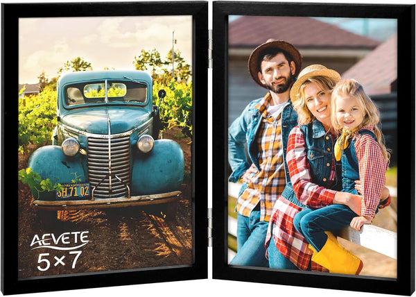 AEVETE 5x7 Double Hinged Wood Folding Picture Frames, Vertical with Plexiglass Front, Black