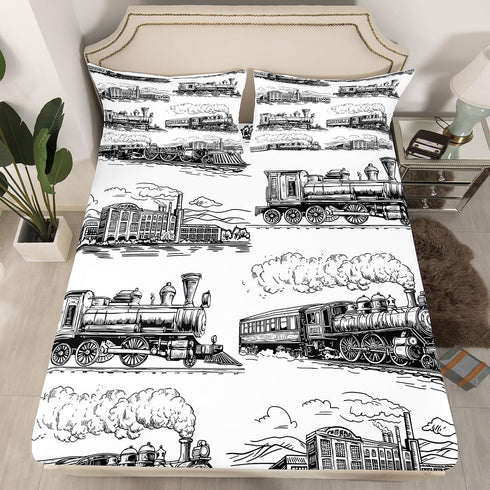 Set 3pcs 1 Manfei Retro Steam Locomotive Twin Size Bedding - with Deep Pocket Fitted Sheet, Flat Sheet, Pillowcase