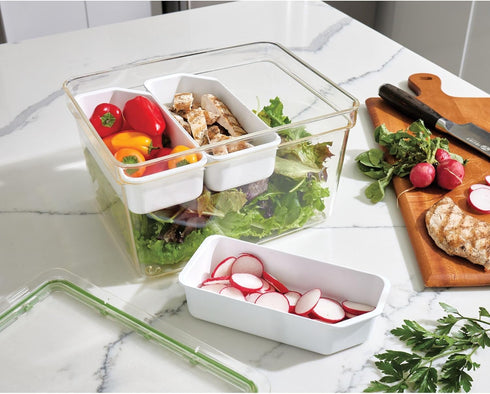 IDESIGN Large Tall Produce Storage Bin with 3 Movable Dividers, The Fresh Collection – 7.85” L x 10.5” W x 6” H, Clear Bin
