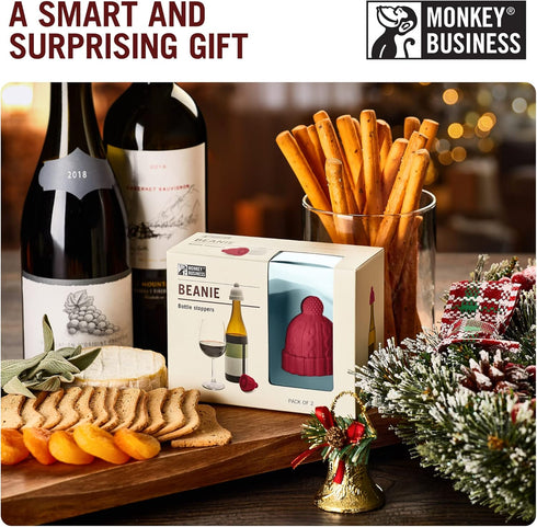 Set Beanie Cap Decorative Silicone Bottle Stopper in a Gift Box, of Two, Novelty Cork, Beverage and Wine Keeper