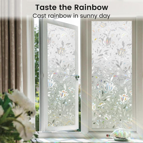 rabbitgoo Decorative Stained Glass Window Film, Sun Blocking Window Clings, Renter-Friendly Static Cling, Rainbow Tulip