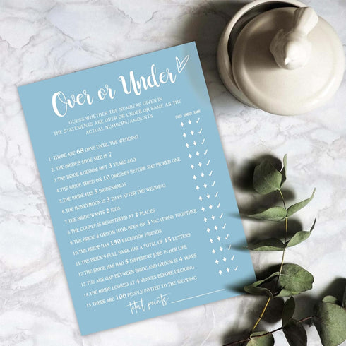 Blue Theme Bridal Shower Games for 25 Guests - Over or Under Games, Wedding Advice Cards for Reception
