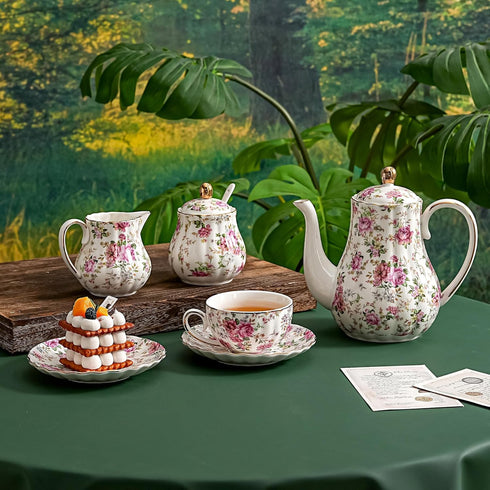 6.4oz Agyiuns Tea Cup and Saucers, Floral Tea Cups with Gold Trim, Porcelain Teacup, Coffee Cappuccino Espresso Latte