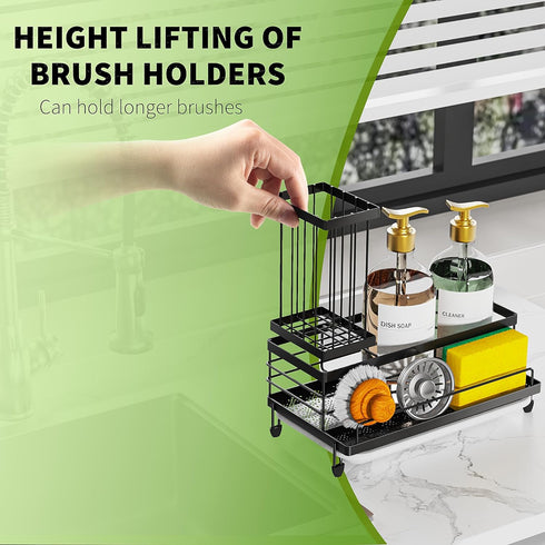 Cisily Kitchen Sink Caddy Organizer, Rustproof Non-Slip Soap Dish Dispenser Brush, Matte Black