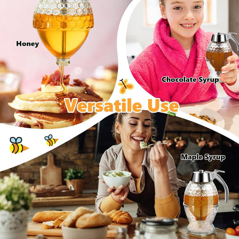 8 oz Timtopno Honey Dispenser, Glass Honey Dispenser No Drip, Honey Pot with Stand, Honey Jar, Maple Syrup Honey