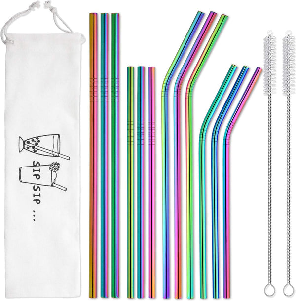 Hiware 12-Pack Rainbow Metal Straws, Reusable Stainless Steel Drinking Straws with Case