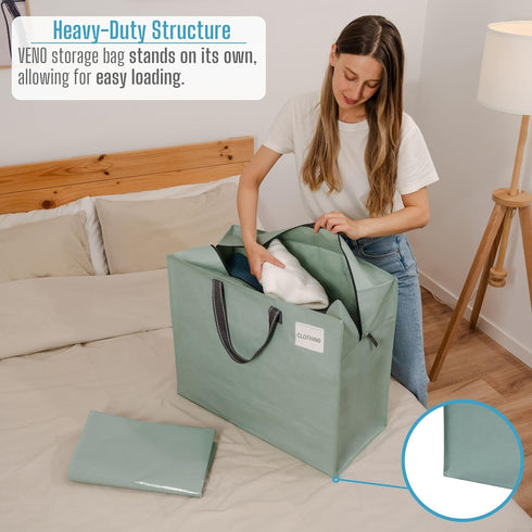 VENO 4 Pack Storage Moving Bags, Organizer Bag, Storage Tote, Zipper On Top, Sturdy, Carrying Bag, Camping Bag for Clothes, Bedding, Comforters, Pillows (22 Gallon Light Green, 4 Pack)
