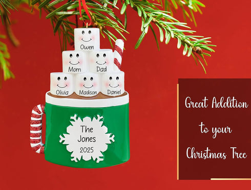 6 2025 Personalized Marshmallow Family of Christmas Ornament | Hot Cocoa & Chocolate Cup for Xmas Tree First Christmas
