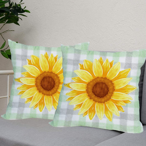 2 Pack Waterproof Sunflower Pillow Covers 16x16 Inch Green Buffalo Plaid Yellow Floral Throw Pillow Cases Spring Summer Holiday Farmhouse Decorations Double Sided Cushion Cover Outdoor by Fukeen