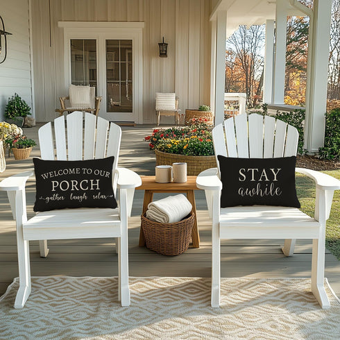 12x20 Inch Set 2 Cozy PANDICORN Welcome to Our Porch Stay Awhile Farmhouse Black and White Outdoor Lumbar Decorative