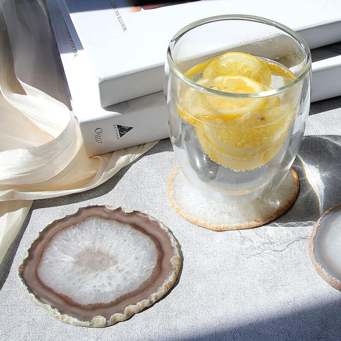 Natural Agate Coaster Set of 4, 3.5-4" Crystalline Geode Stone Coasters for Drinks, Coffee Table Decor, Agate Slices