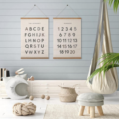 16 24 Inch Bon et Beau x Embroidered Alphabet Poster Framed with Wood Hanger - Neutral Gray Wall Decor for Boys