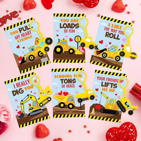 30 Pack Haooryx Valentine's Day Gift Cards with Construction Vehicles Keychains - Engineering Truck Keychain Key Rings