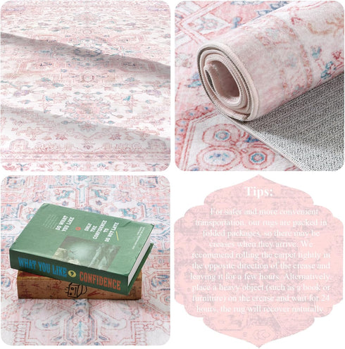 5x7 LIVEBOX Pink Washable Area Rug - Large Vintage Tribal Living Room Non-Slip Indoor Carpet for Bedroom, Low-Pile