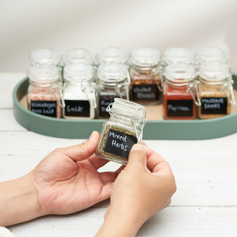 Oak & Steel 12 Pack 3.4oz Small Airtight Glass Spice Jars with Lids, 24 Labels & Chalk Pen