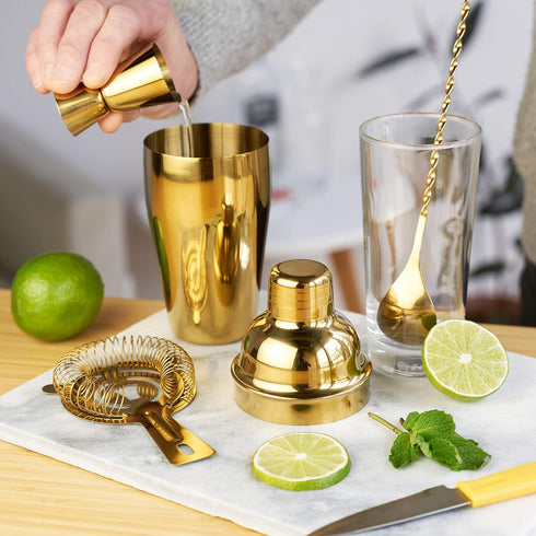 True 4-Piece Cocktail Shaker Set, Gold Includes Cobbler Shaker, Strainer, Jigger, Bar Spoon