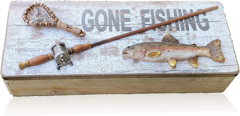 Tumbler Home Gone Fishing Wood Box - Rustic Keepsake Box for Coins, Keys, Wallet - Gift for Fisherman, Dad, Son, Grandpa