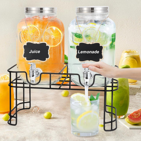 1 Parties-Set 2,Drink Gallon Glass Drink Dispensers For of Dispenser with Fruit Infuser & Stand,Juice or Beverage