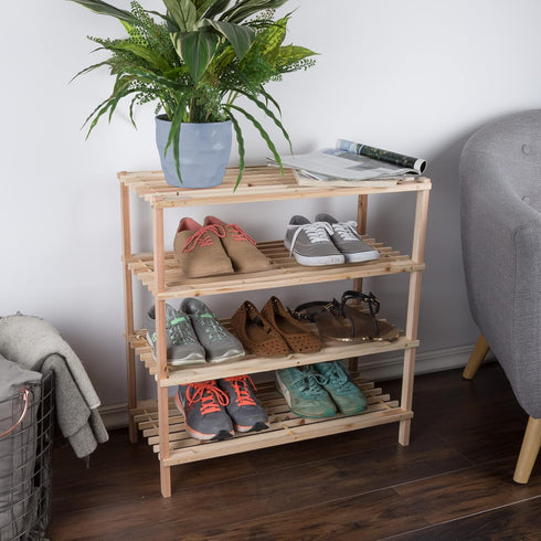 4-Tier Closet, 12 Shoe Storage Rack - Wood Shoe Organizer for Bathroom, Entryway - Footwear Shelf Holds Pairs Sneakers