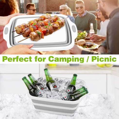 Space Saving Collapsible Cutting Board, 3 in 1 Multifunction Dish Tub with Draining Hole for Camping