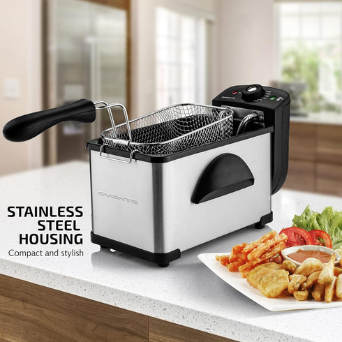 OVENTE Electric Deep Fryer, 2 Liter Capacity, 1500 Watt with Viewing Window, Odor Filter, and Removable Frying Basket