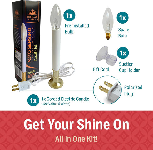 Holiday Joy Window Candles Kit - Pack of 1-9-inch-Tall Electric Candle with Auto Sensor, 2 Bulbs & Suction Cup