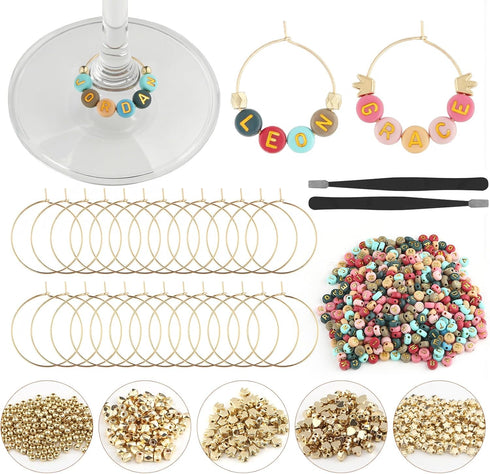 MOMOTONX 60 Set DIY Wine Glass Charms, 1040 Letter Beads 300 Gold Bead