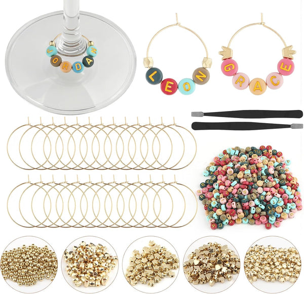 MOMOTONX 60 Set DIY Wine Glass Charms, 1040 Letter Beads 300 Gold Bead