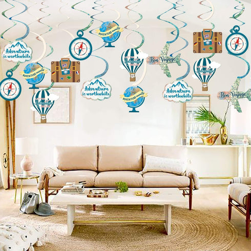 30CT Adventure Awaits Travel Themed Hanging Swirl Decorations - Bon Voyage, Farewell, Retirement Party Supplies